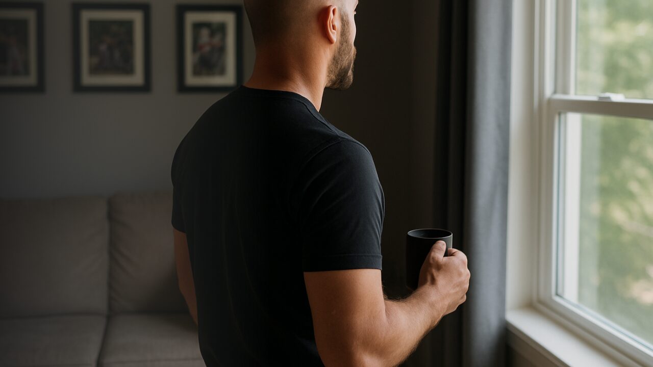 Bald man looking out window holding coffee—reflecting on why do people say I’m too intense