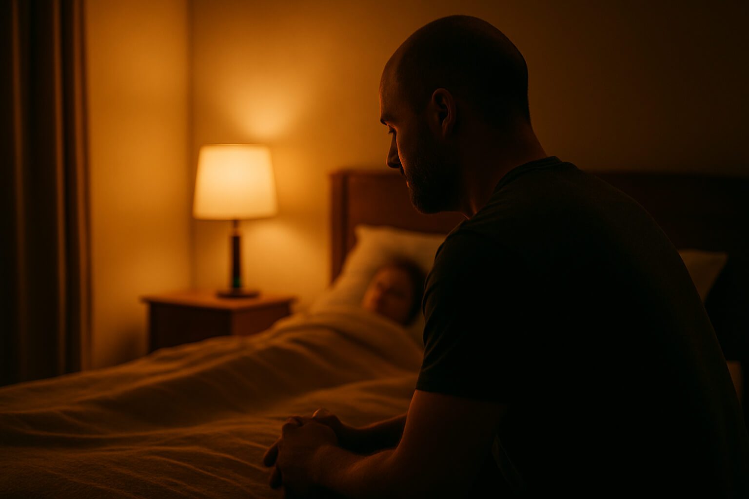 How to Be the Father I Never Had: A bald father kneels in prayer beside a child’s bed at night, modeling quiet presence and faith without being seen.