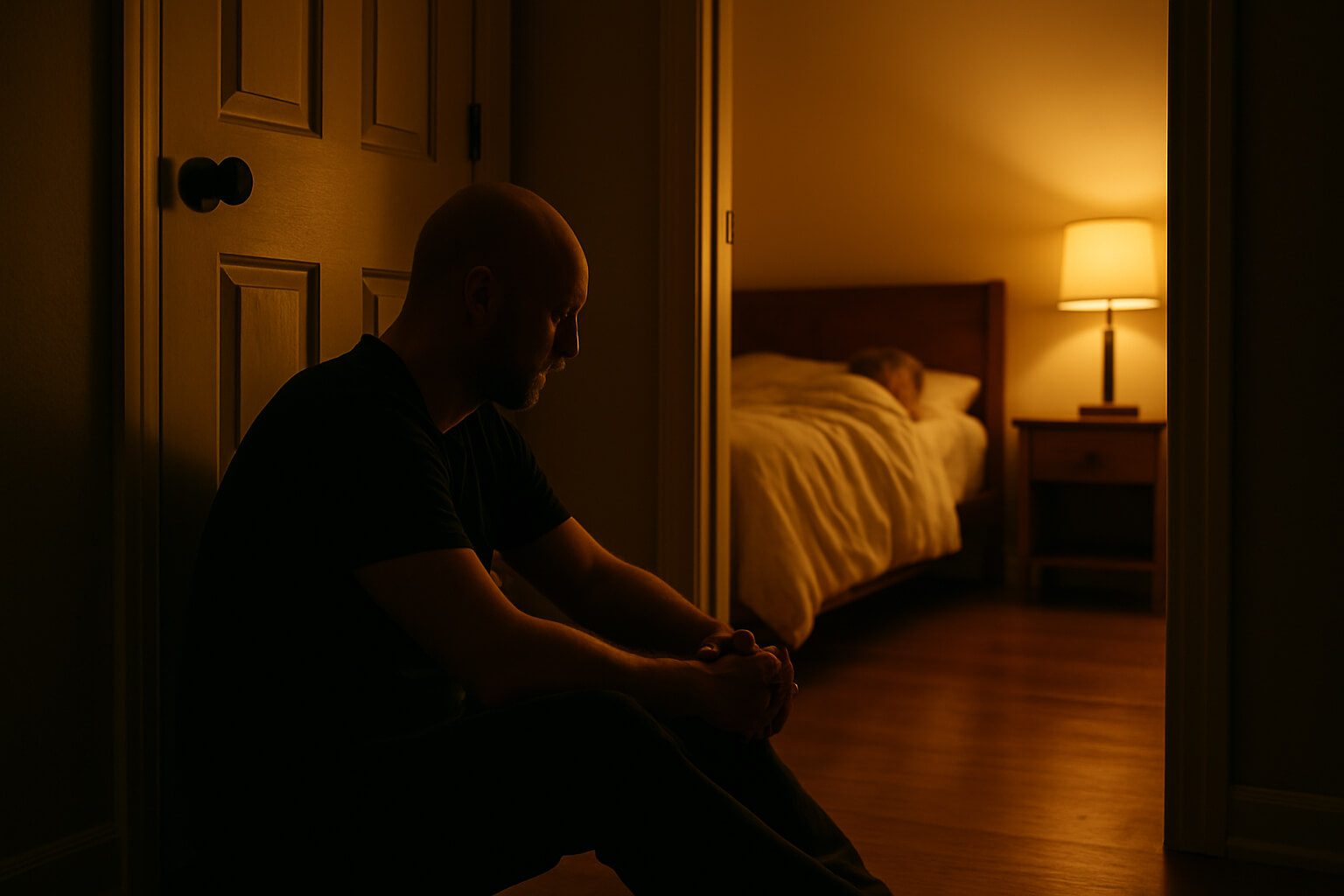 why I always shut down emotionally: Bald man sitting outside a child’s room at night, dimly lit, reflecting emotional shutdown and the quiet effort to stay present