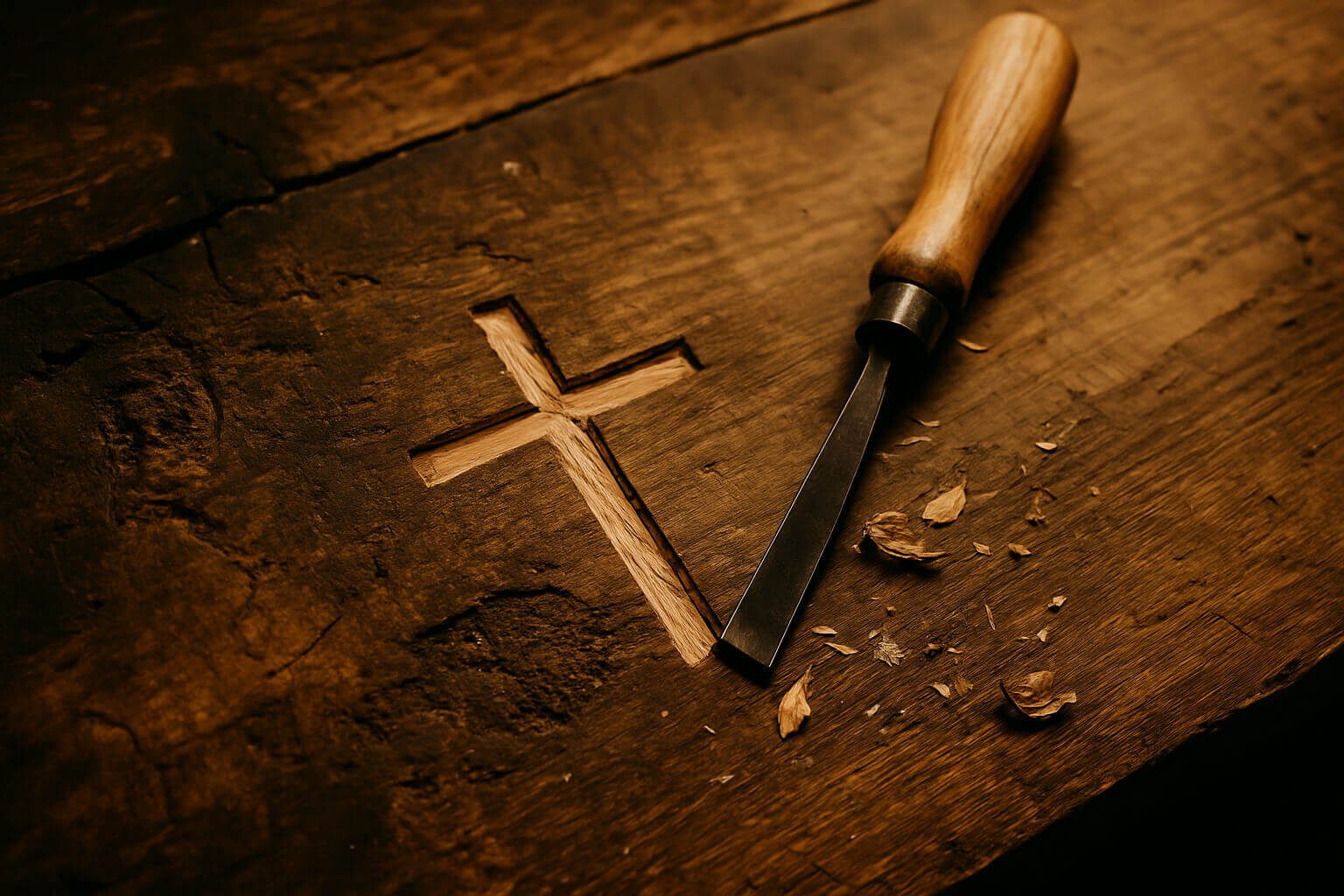Wooden workbench with a hand carving a cross—symbolizing turning childhood pain into purpose through faith