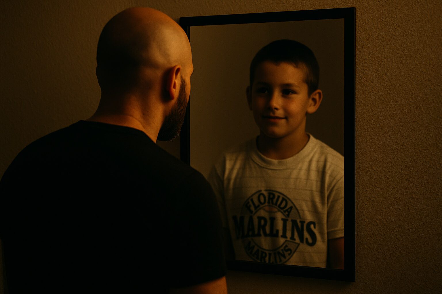 A bald man looking into a mirror and seeing his childhood reflection—symbolizing inner child healing for men.