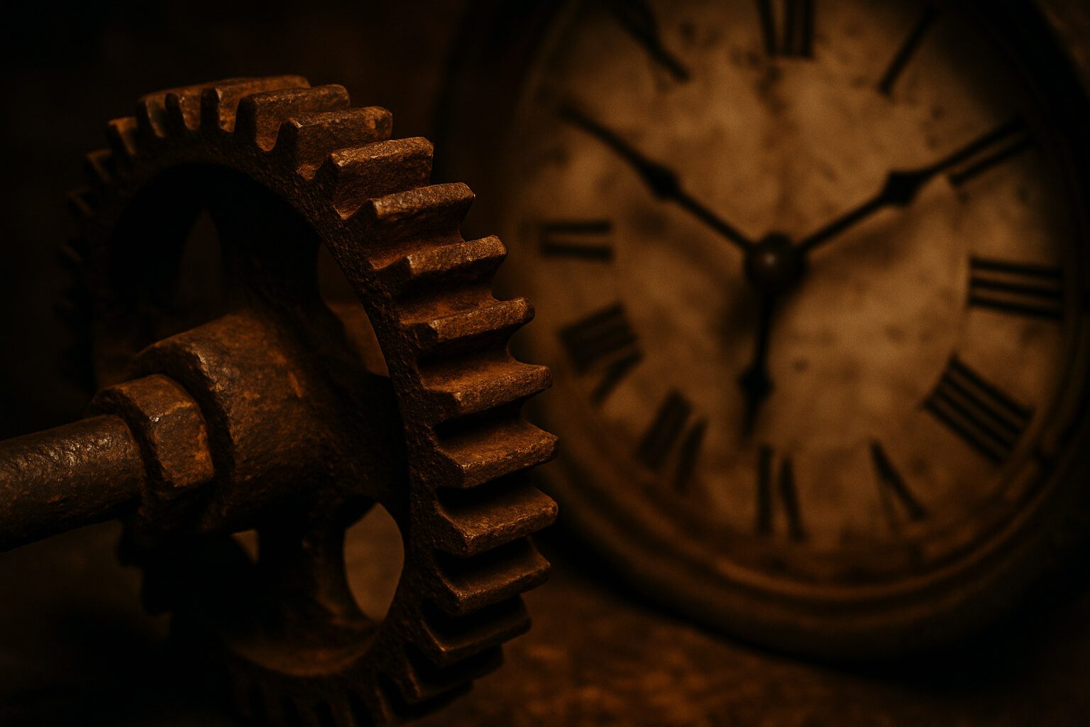 A rusted gear and antique clock symbolizing the quiet struggle of life after survival.