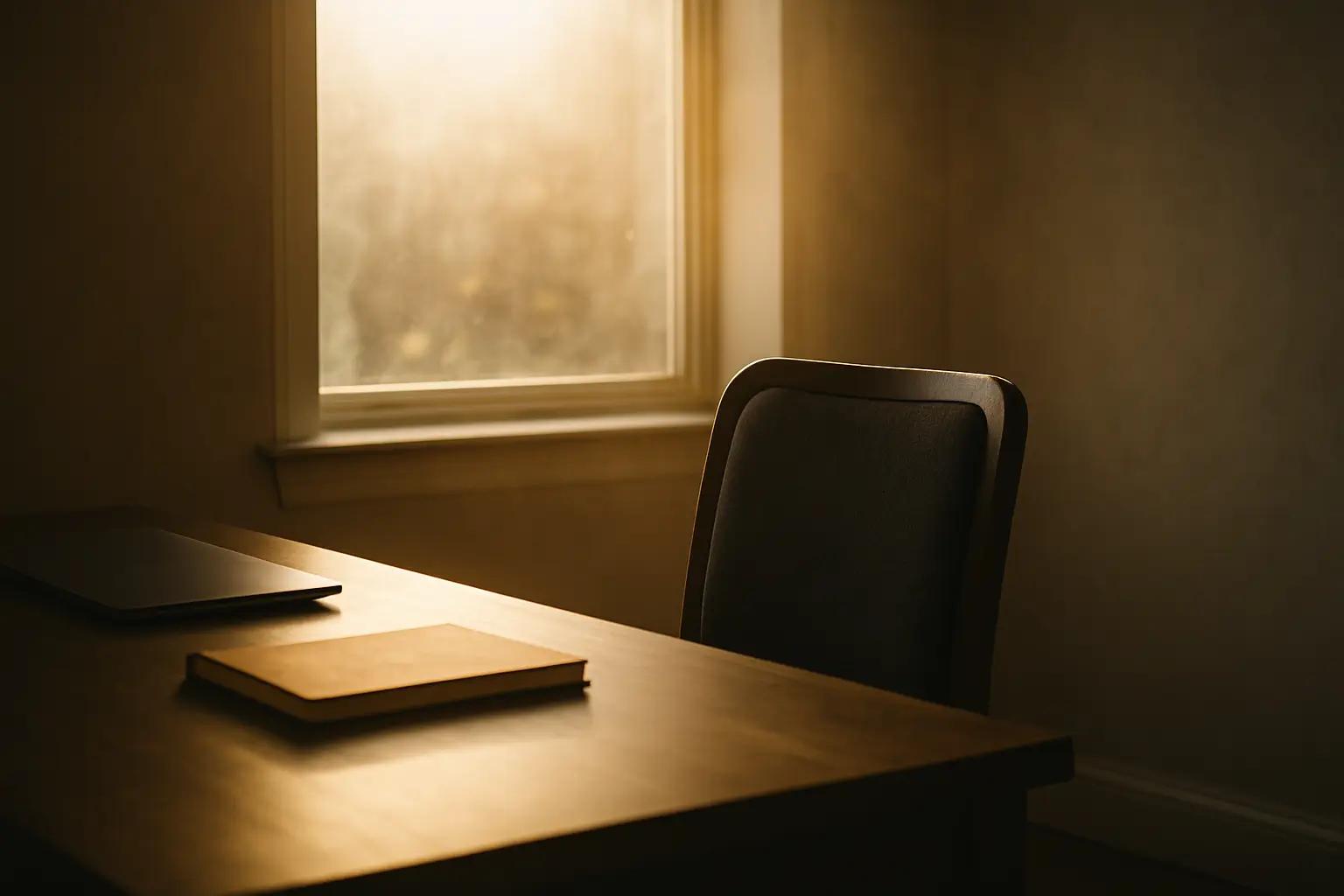 A quiet desk with an empty chair and sunlight streaming through a window, symbolizing reflection and hope — a visual for “Finding Faith and Strength After Losing Your Job.”