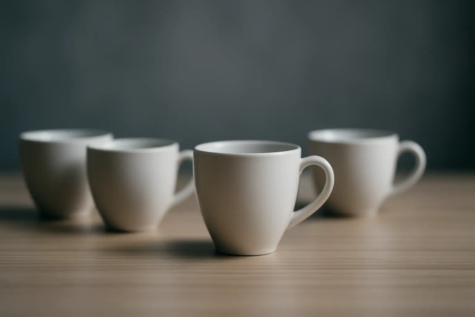 Four white coffee cups on a dark wooden table with moody lighting, symbolizing community and clarity when taking action after losing your job.