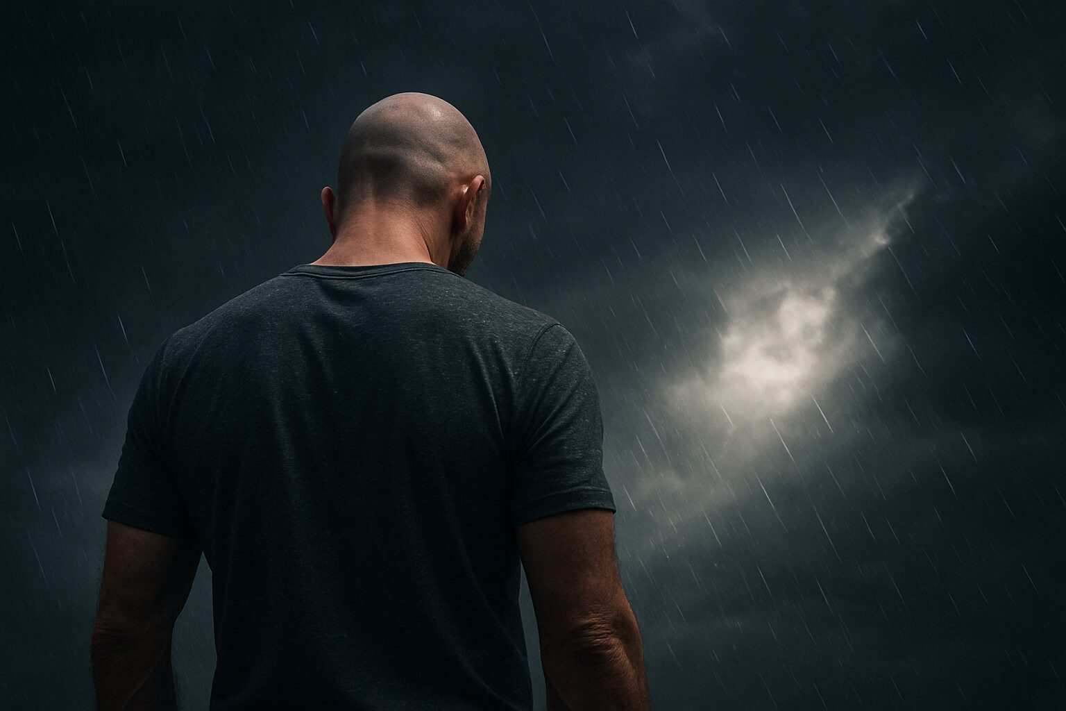 Bald man standing in the rain with head down—symbolizing how discipline doesn’t work when used to hide emotional pain.