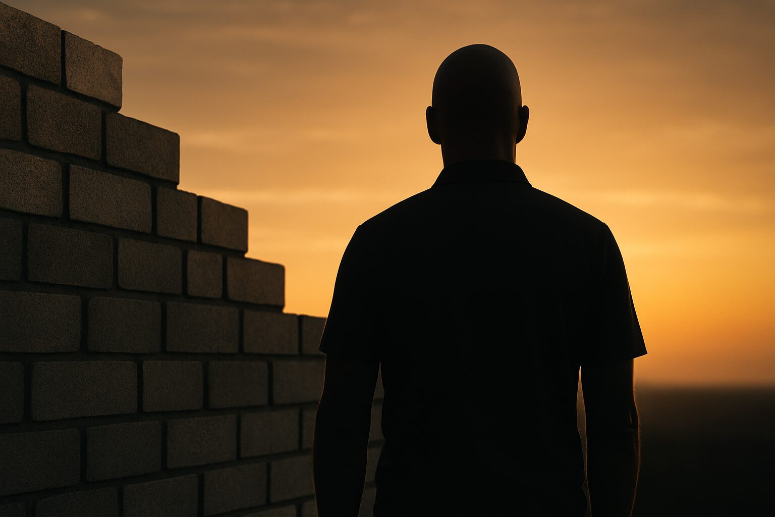 A bald man silhouetted against a sunset, standing near a brick wall—symbolizing emotional barriers and the question: why can’t I relax when life is good?
