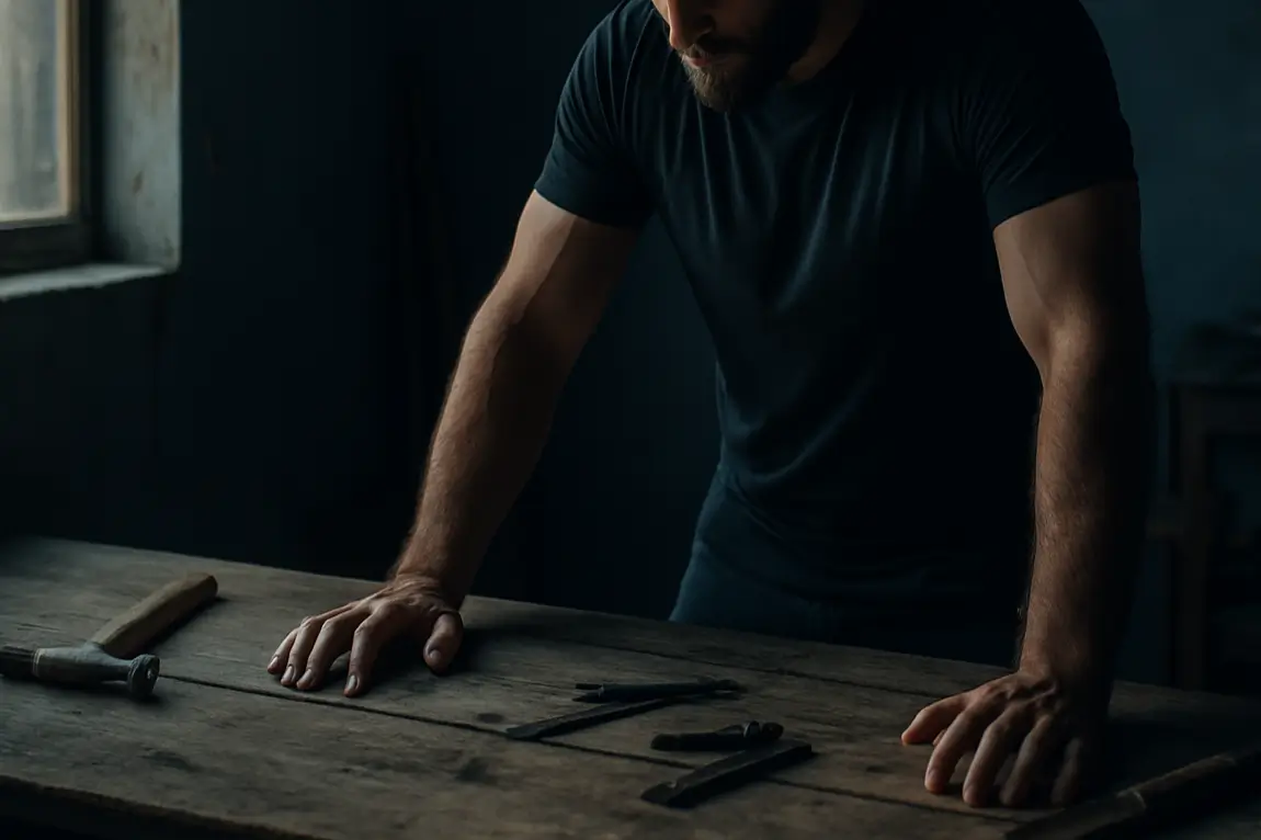 Bald man with short beard standing at a workbench, hands resting on the table mid-task, sunlight streaming through a window — a reflective image symbolizing a disciplined man of faith in quiet focus.