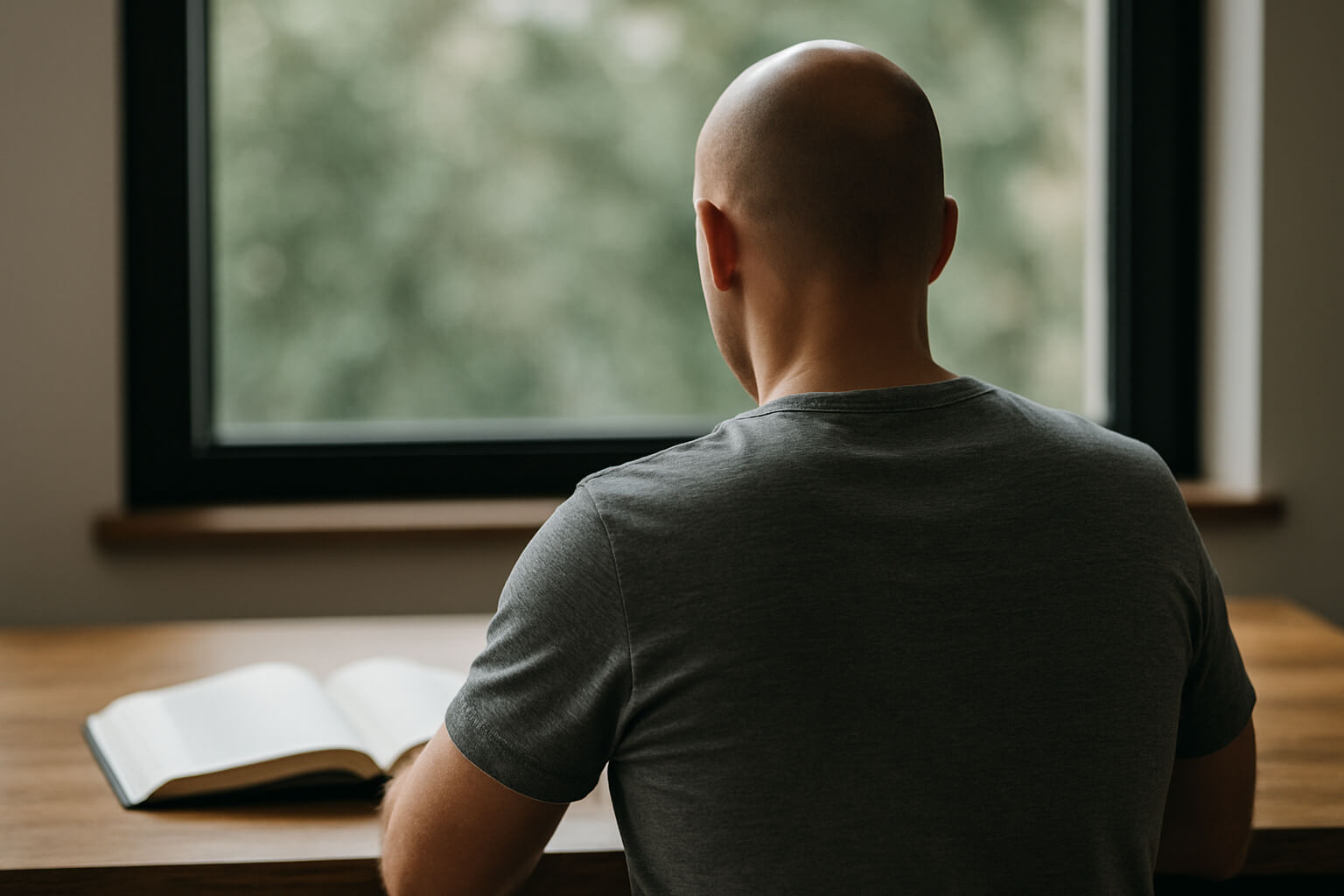 Bald man preparing for a fresh start at sunrise, symbolizing starting over with discipline.