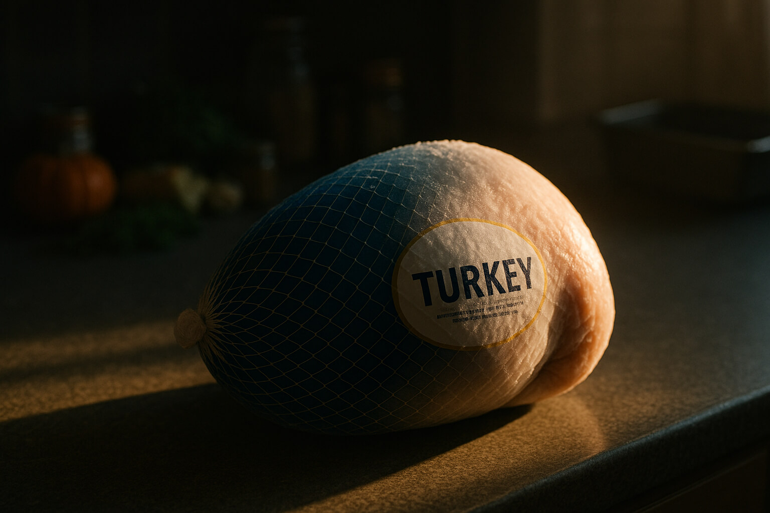 A half-frozen Thanksgiving turkey resting on a kitchen counter with warm morning light thawing part of it, symbolizing slow seasons and God’s timing.