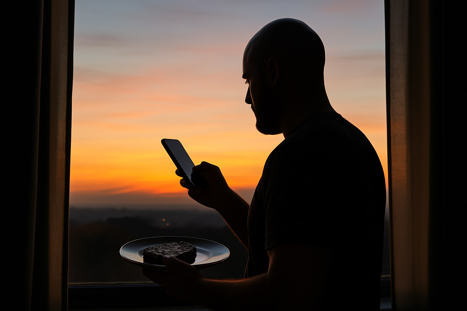 A bald man standing by a window at sunrise, holding a plate with steak and checking his phone — symbolizing carnivore diet accountability and early-morning discipline.