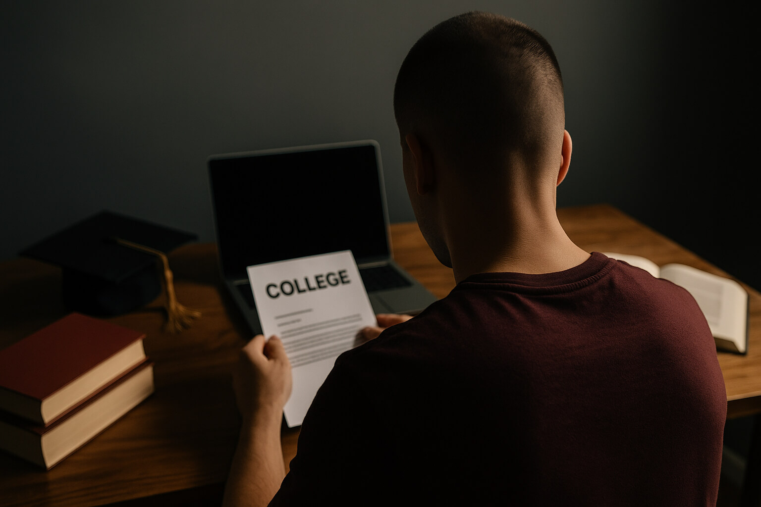 Young man deciding whether, "is college a scam?" while reading a college acceptance letter at a desk