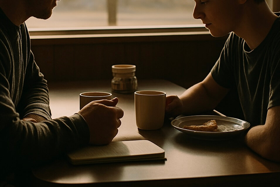 A father and teenage son sharing a quiet moment together as part of a morning routine with my son.