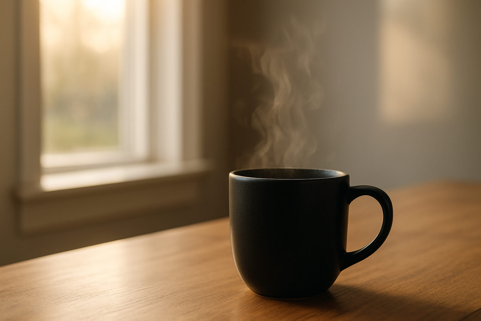 A steaming mug of black coffee sitting on a wooden table in soft morning light, symbolizing how I started drinking coffee and morning routines.