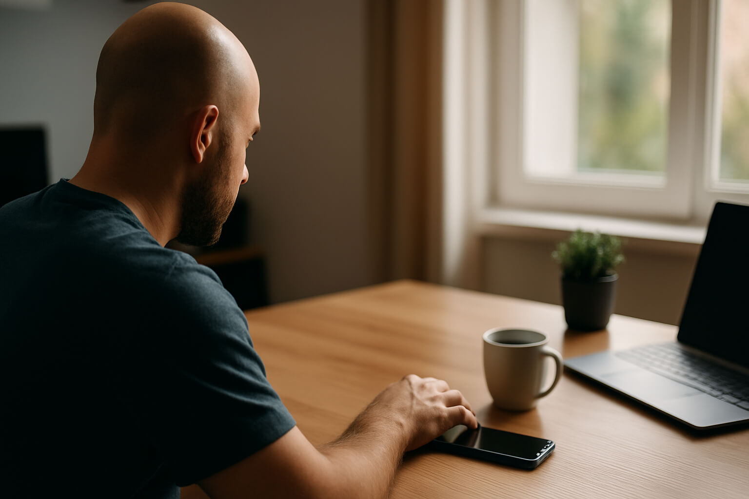 A bald man sitting at a desk with a phone in front of him, hesitating before making a call, representing overcoming procrastination in business.