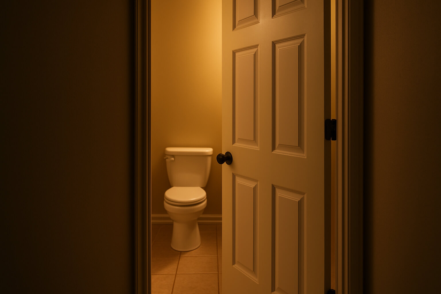 A bathroom door slightly open with a toilet visible inside, symbolizing digestive issues during the carnivore diet diarrhea phase.