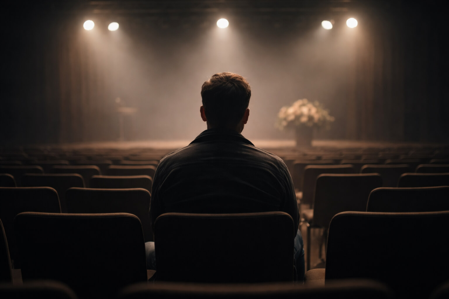 A man sitting alone in an empty auditorium facing a lit stage, reflecting on the question, “Am I doing enough for God?”