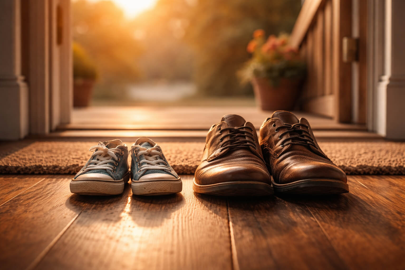 When Children Become Adults – The Transition From Childhood to Adulthood A small pair of children’s shoes beside adult shoes at a doorway, symbolizing when children become adults and the transition parents experience.