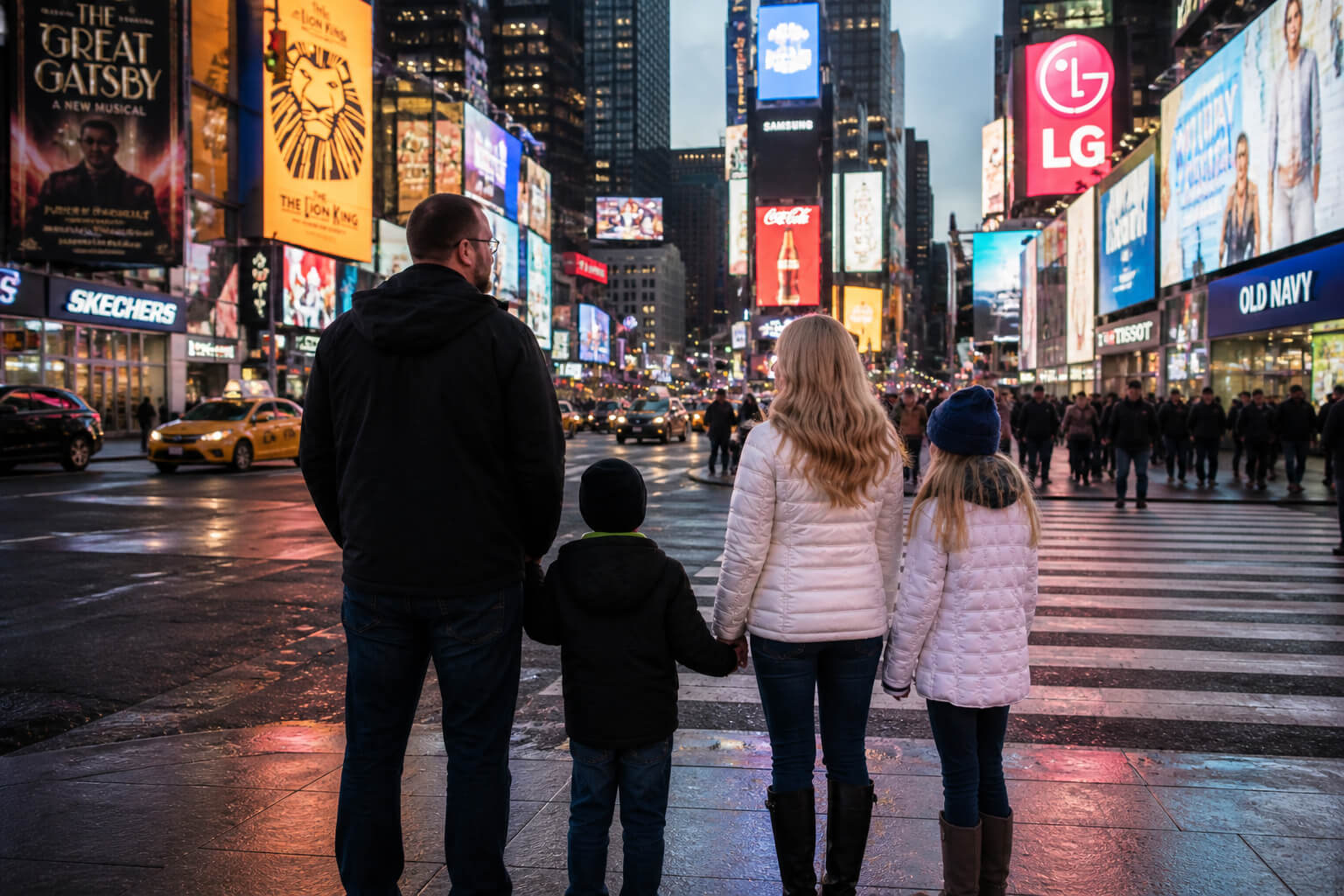 Family walking through Times Square representing Christian parenting in the modern world