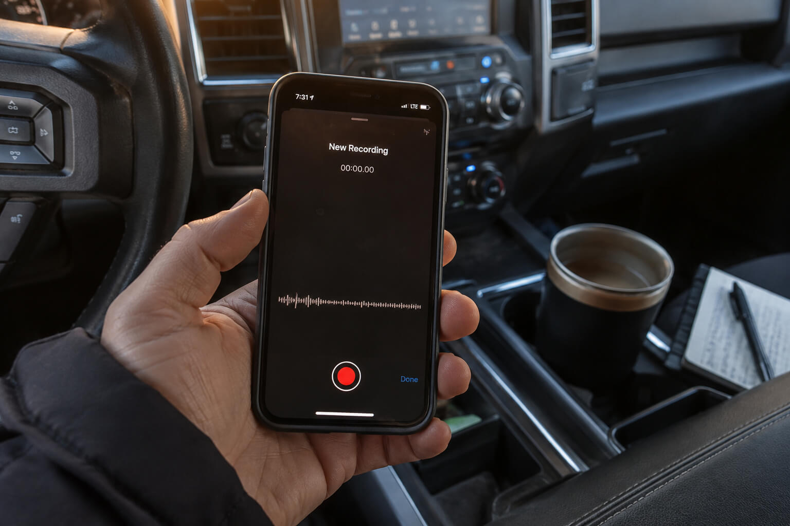 Man restarting a voice recording in his truck during a difficult season, symbolizing losing hope and choosing to start again